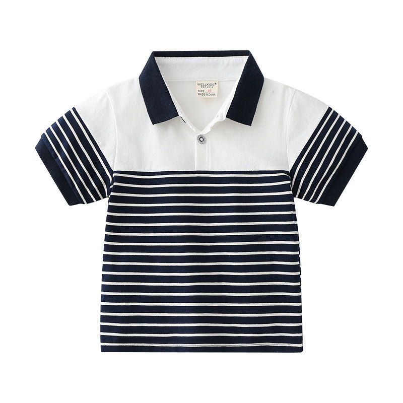 Small And Medium-sized Boys' Cotton Casual Short Sleeves, Striped Soft, Moisture Wicking, Trendy Short Sleeves