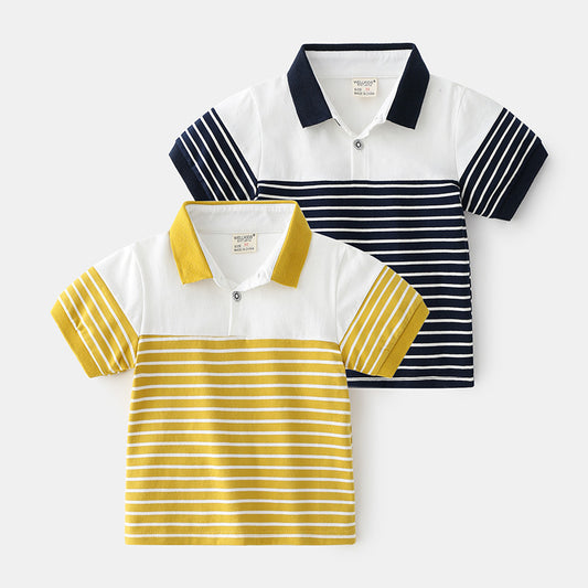 Small And Medium-sized Boys' Cotton Casual Short Sleeves, Striped Soft, Moisture Wicking, Trendy Short Sleeves