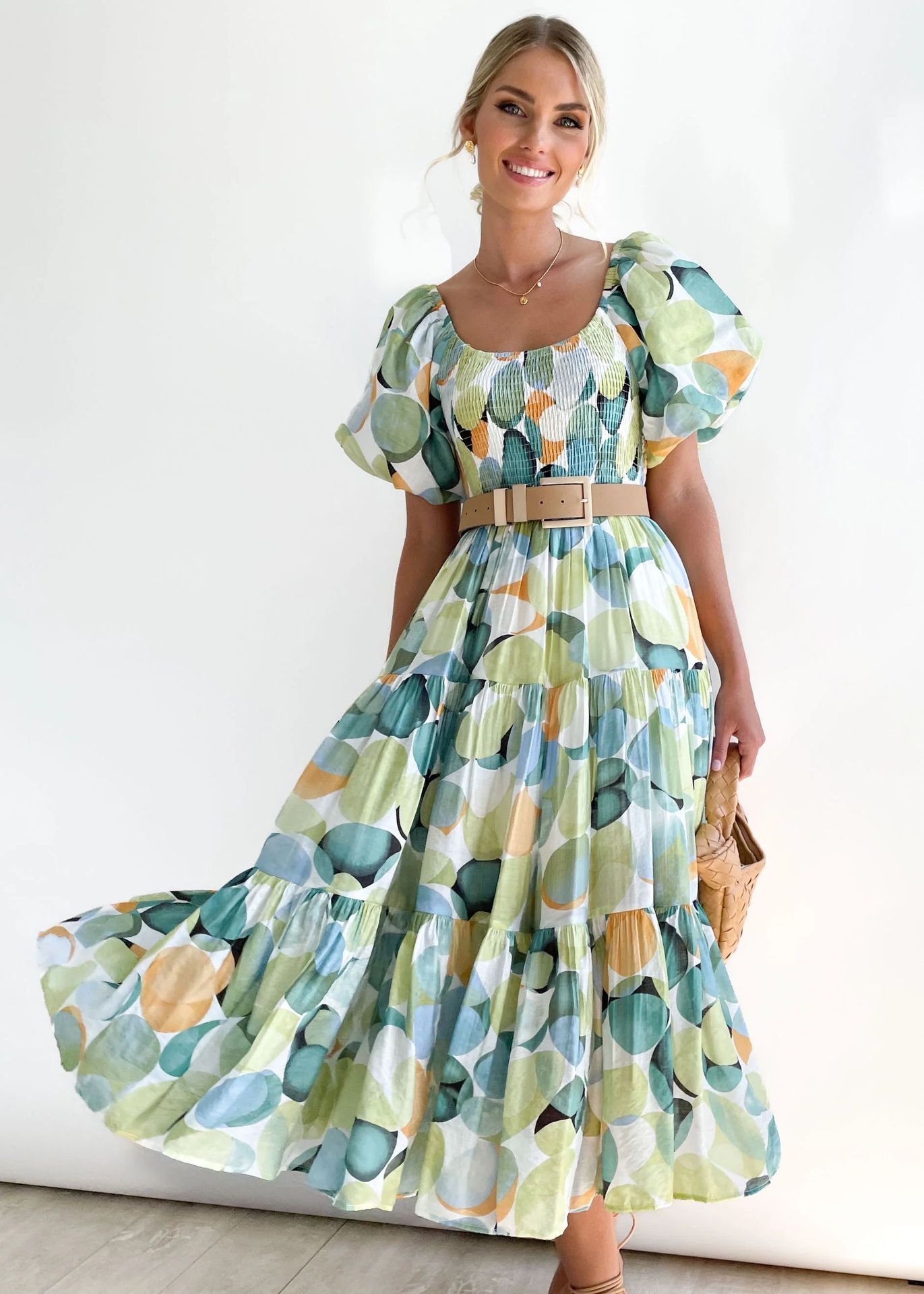 Women's Bubble Sleeve Vacation High Waist Off-shoulder Printing Dress