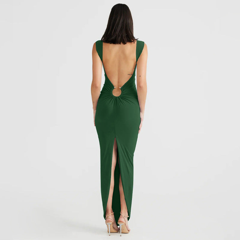 Sexy V-neck Backless Slit Slim Fit Dress