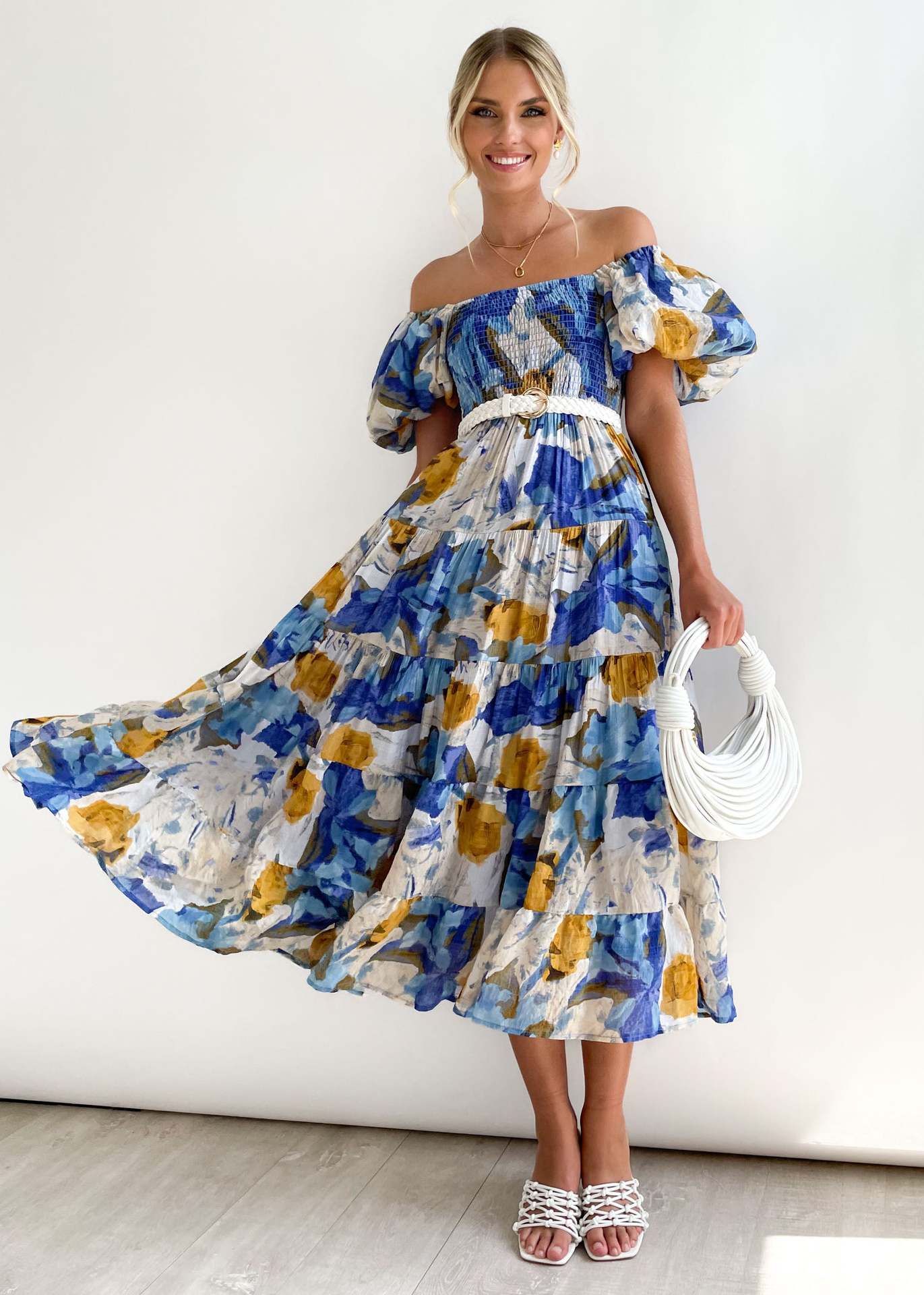 Women's Bubble Sleeve Vacation High Waist Off-shoulder Printing Dress