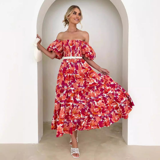 Women's Bubble Sleeve Vacation High Waist Off-shoulder Printing Dress